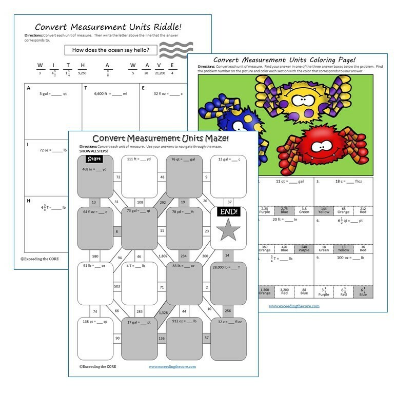 CONVERT CUSTOMARY UNITS OF MEASURE Maze, Riddle &amp; Color by Number Activities