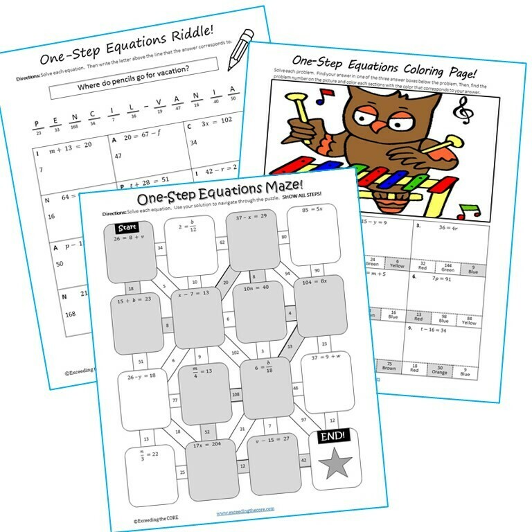 ONE-STEP EQUATIONS Maze, Riddle &amp; Color by Number Coloring Page