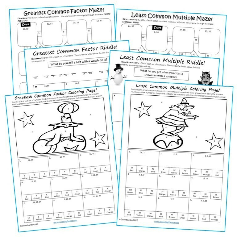 factors multiples gcf lcm mazes riddles coloring page by number math activity