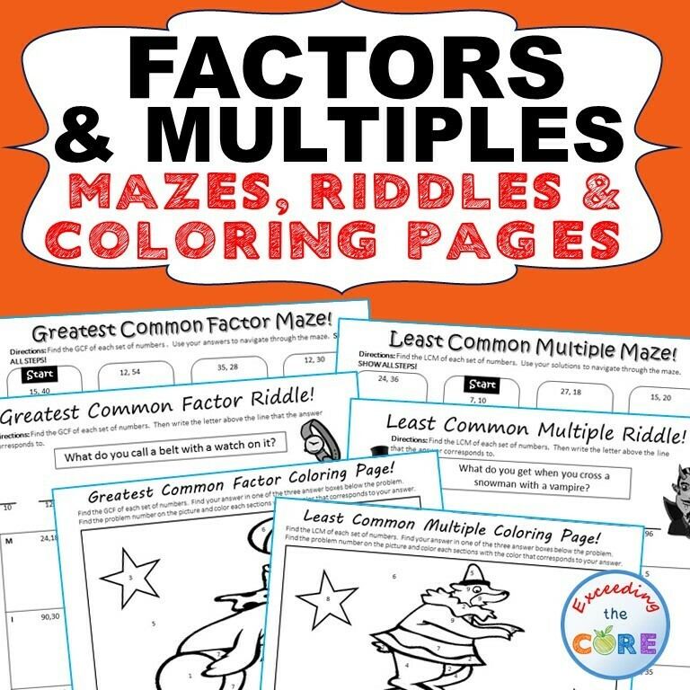 FACTORS &amp; MULTIPLES GCF LCM Mazes, Riddles Coloring Page by Number Math Activity