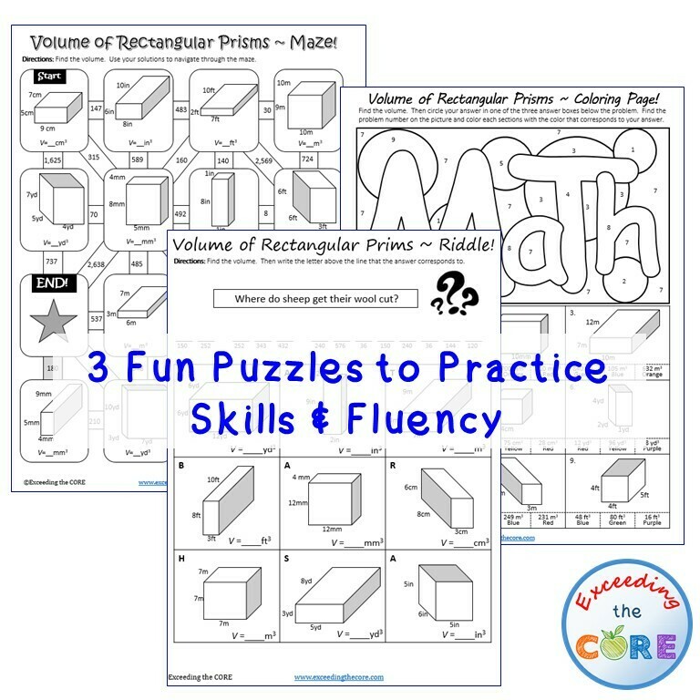VOLUME OF RECTANGULAR PRISMS Maze, Riddle &amp; Coloring Page by Number Activities