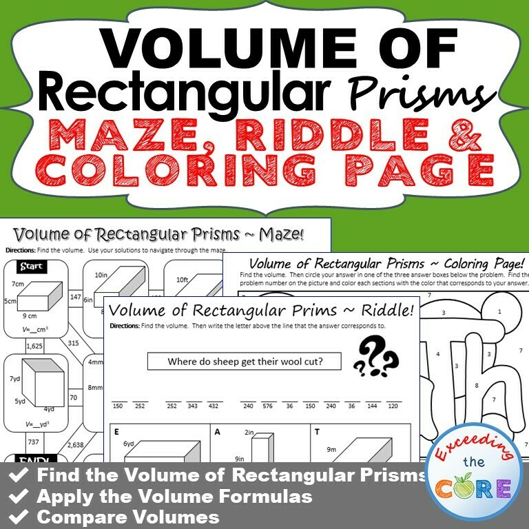 VOLUME OF RECTANGULAR PRISMS Maze, Riddle &amp; Coloring Page by Number Activities
