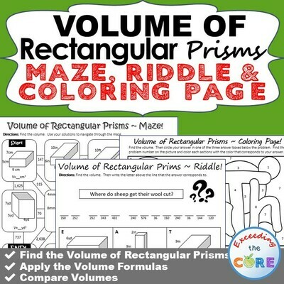 VOLUME OF RECTANGULAR PRISMS Maze, Riddle & Coloring Page by Number Activities