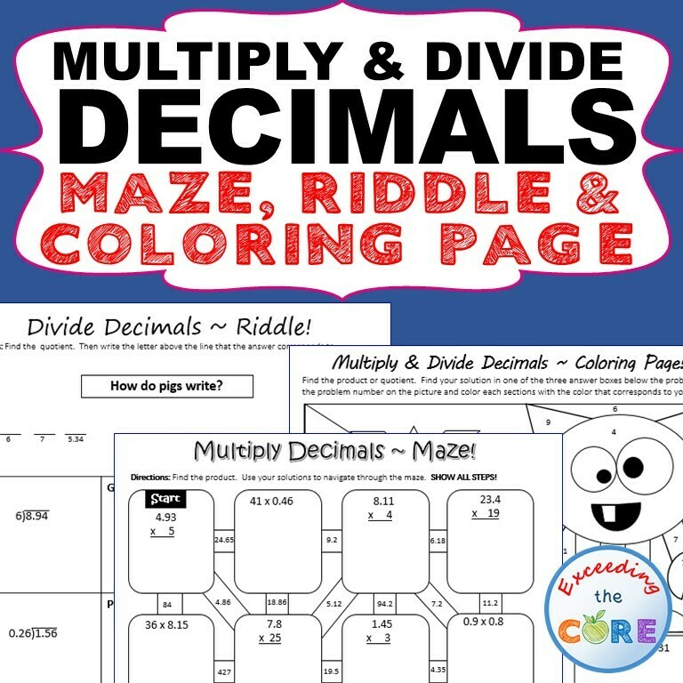 MULTIPLY AND DIVIDE DECIMALS Maze, Riddle, Coloring Page by Number Activities