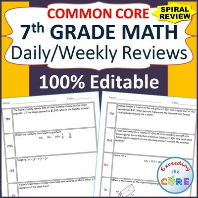 7th Grade Daily / Weekly Spiral Math Review Common Core - Editable