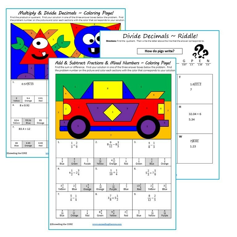 MULTIPLY AND DIVIDE DECIMALS Maze, Riddle, Coloring Page by Number Activities