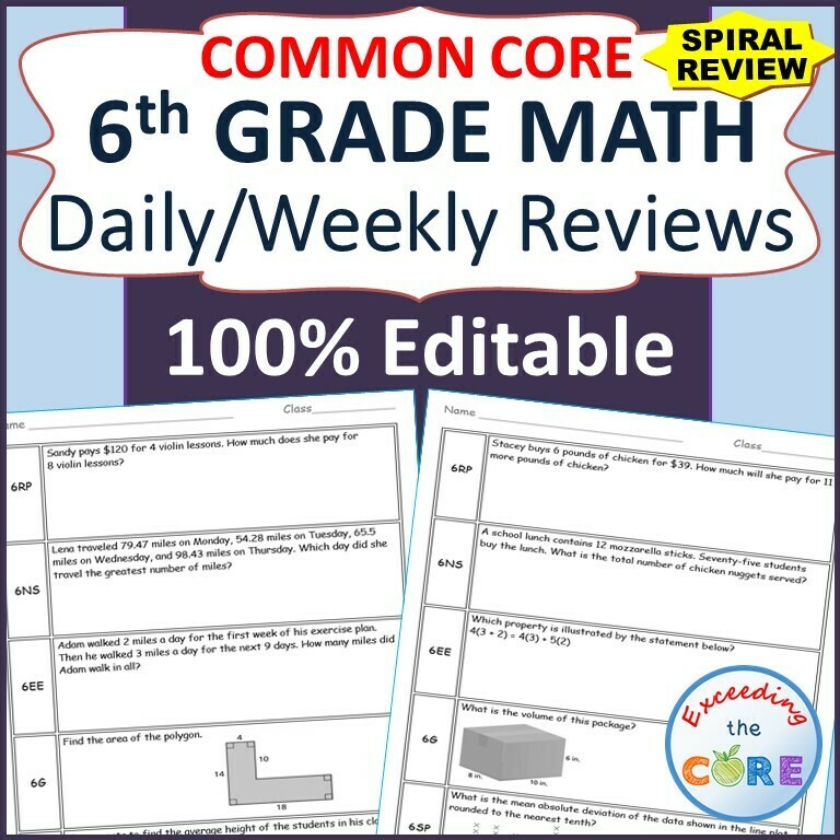 6th Grade Daily or Weekly Spiral Math Review Common Core - Editable