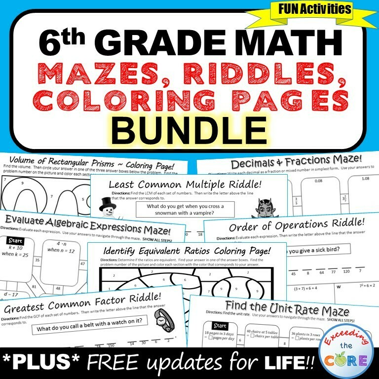 6th Grade Math Mazes, Riddles &amp; Color by Number BUNDLE