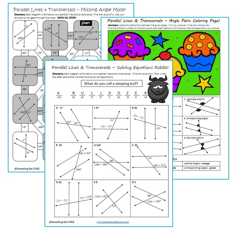 PARALLEL LINES and TRANSVERSAL Maze, Riddle, Color by Number Fun MATH Activities
