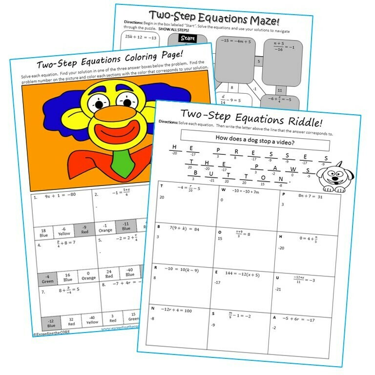 TWO-STEP EQUATIONS Maze, Riddle &amp; Color by Number Coloring Page Activity