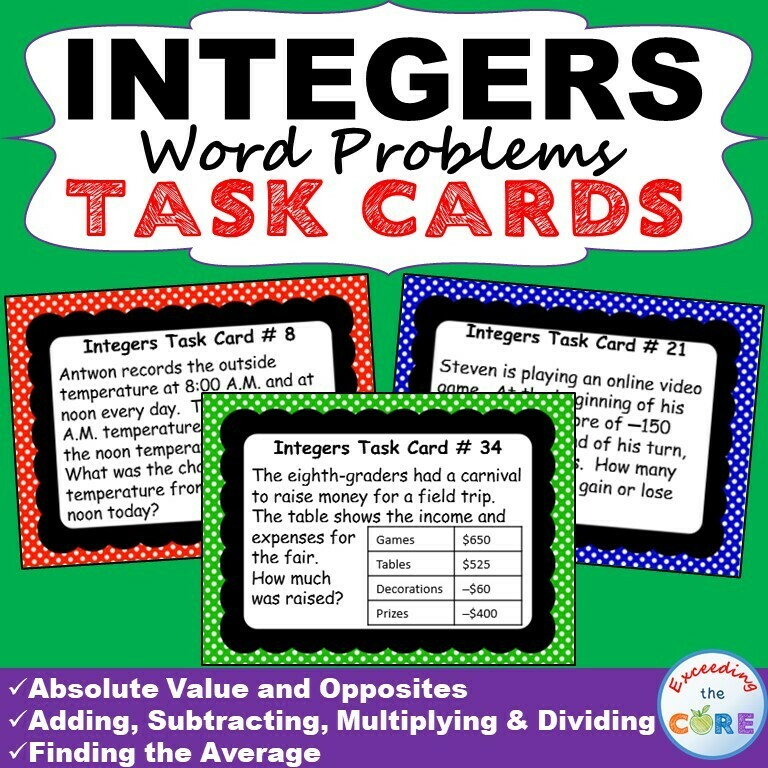 INTEGERS Word Problems - Task Cards {40 Cards}