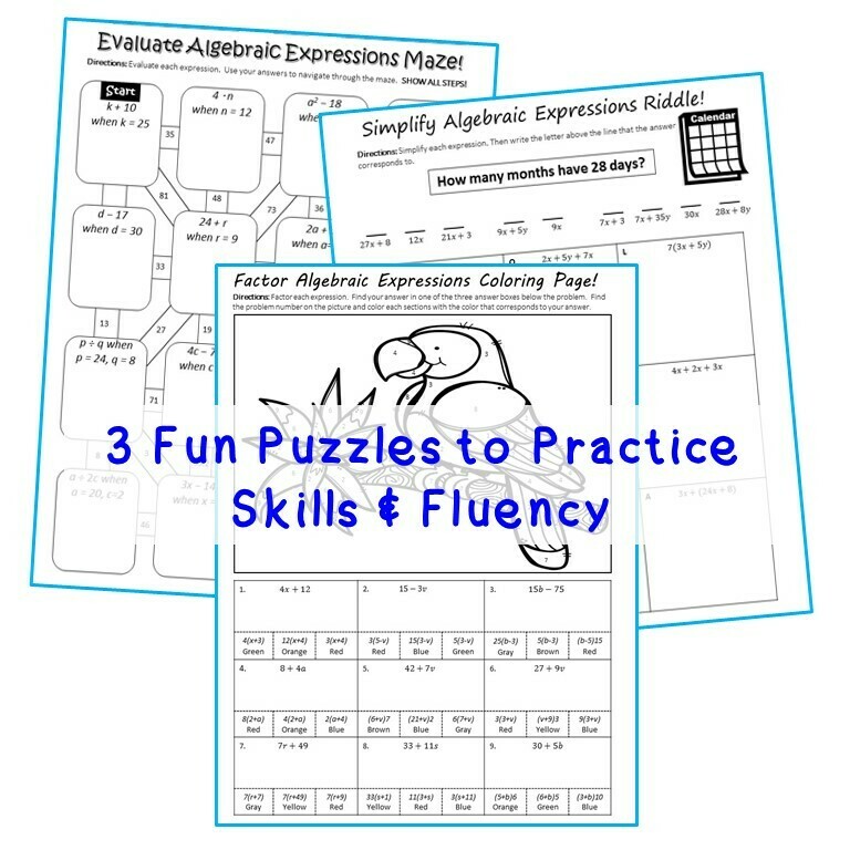 ALGEBRAIC EXPRESSIONS Mazes, Riddles &amp; Color by Number (Fun Activities)
