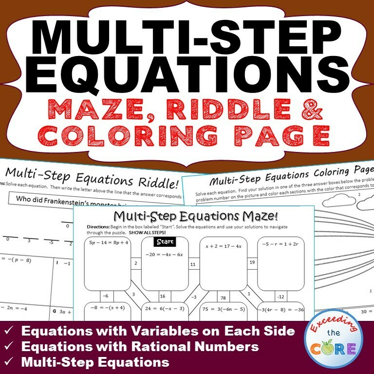 MULTI-STEP EQUATIONS Maze, Riddle, &amp; Color by Number Coloring Page Activity