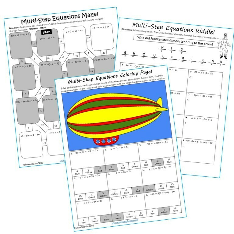 MULTI-STEP EQUATIONS Maze, Riddle, &amp; Color by Number Coloring Page Activity