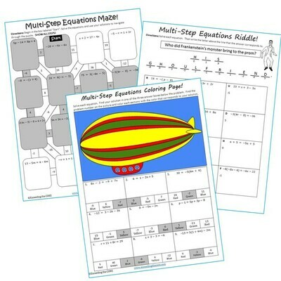 MULTI-STEP EQUATIONS Maze, Riddle, &amp; Color by Number Coloring Page Activity
