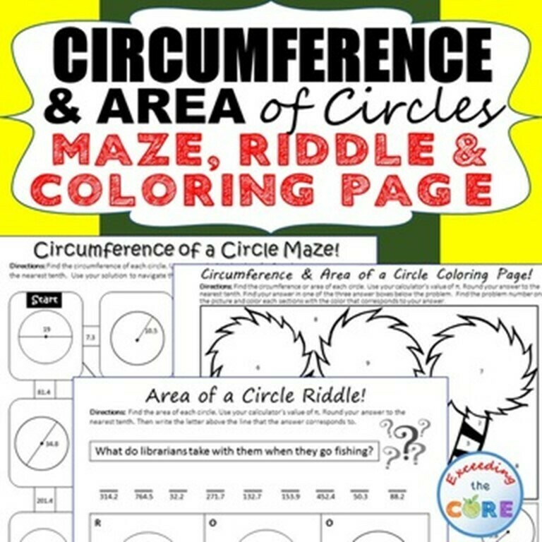 CIRCUMFERENCE &amp; AREA of CIRCLES Maze, Riddle, Color by Number (Fun Activities)