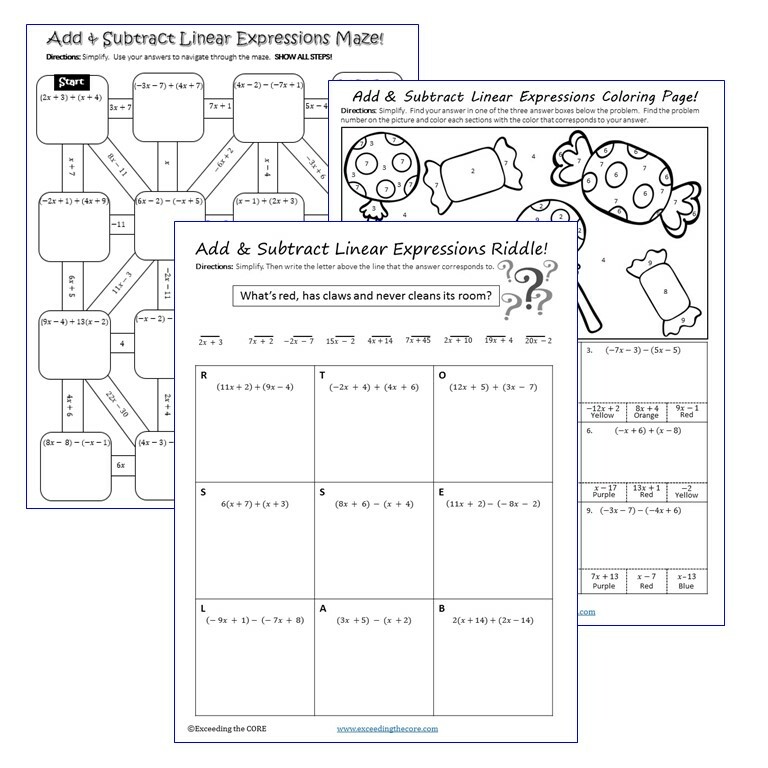 Add Subtract Linear Expressions Maze Riddle Coloring Fun Math Activities
