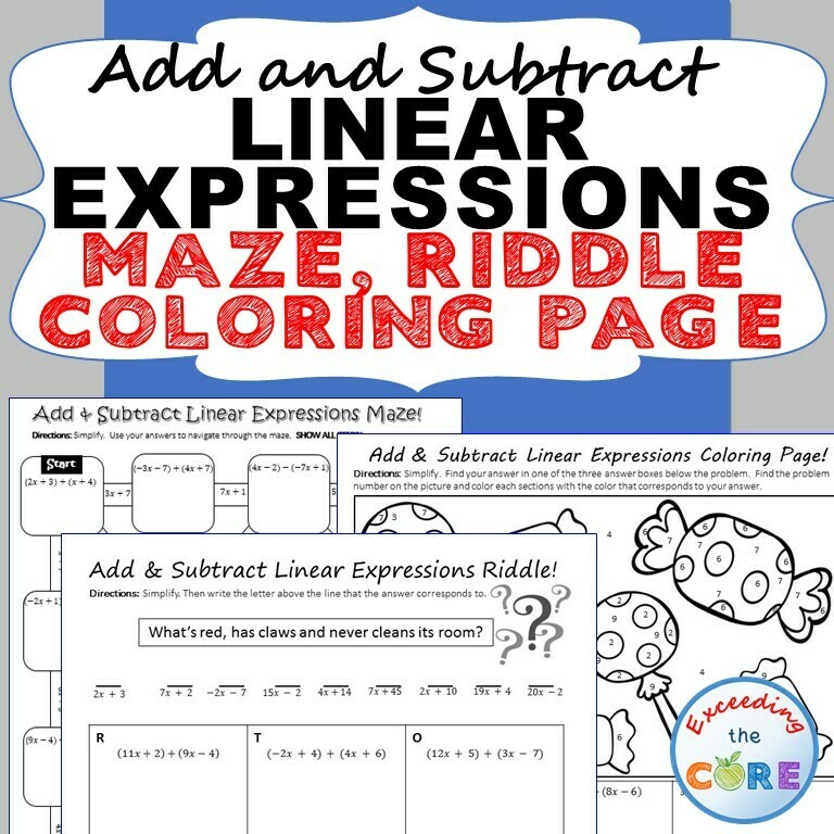 ADD &amp; SUBTRACT LINEAR EXPRESSIONS Maze, Riddle, Coloring (Fun MATH Activities)