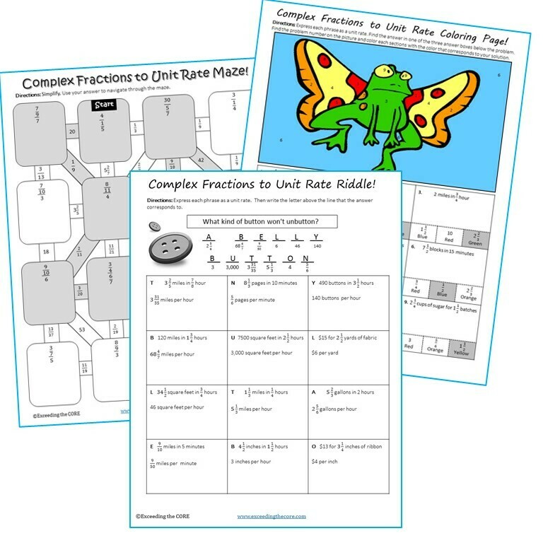 COMPLEX FRACTIONS to UNIT RATE Maze, Riddle, Coloring Page by Number Activities