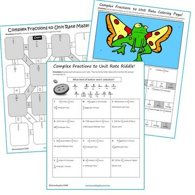 COMPLEX FRACTIONS to UNIT RATE Maze, Riddle, Coloring Page by Number Activities