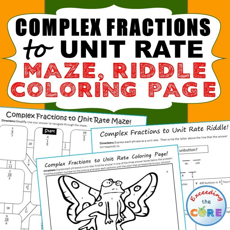 COMPLEX FRACTIONS to UNIT RATE Maze, Riddle, Coloring Page by Number Activities