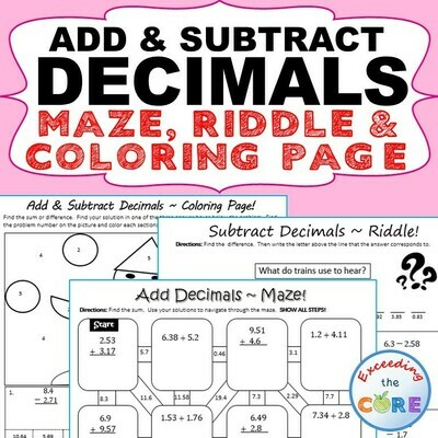 ADD AND SUBTRACT DECIMALS Maze, Riddle, Color by Number (Fun MATH Activities)