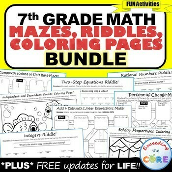 7th Grade Math Mazes, Riddles &amp; Color by Number BUNDLE