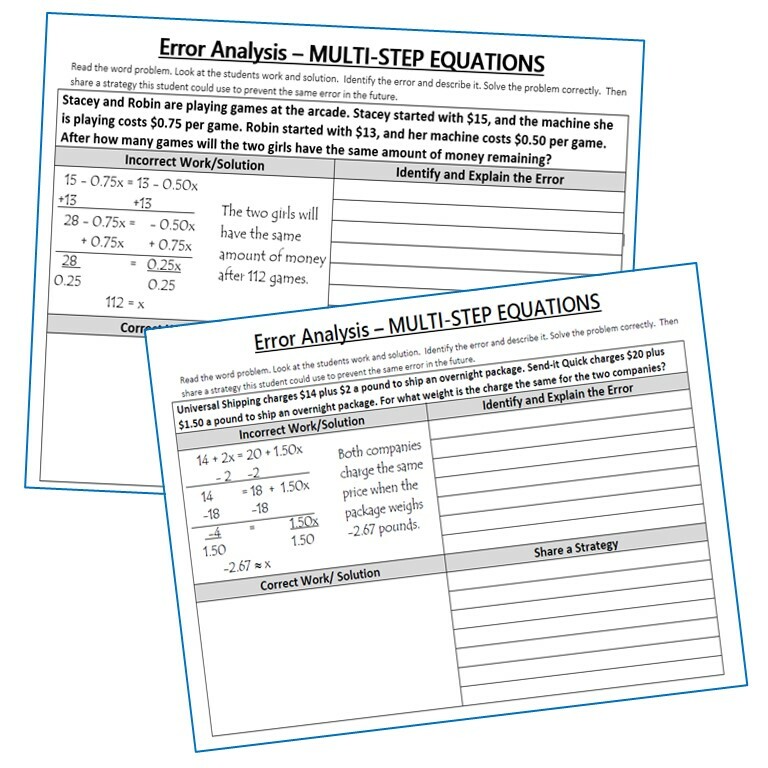 MULTI-STEP EQUATIONS Word Problems - Error Analysis (Find the ...