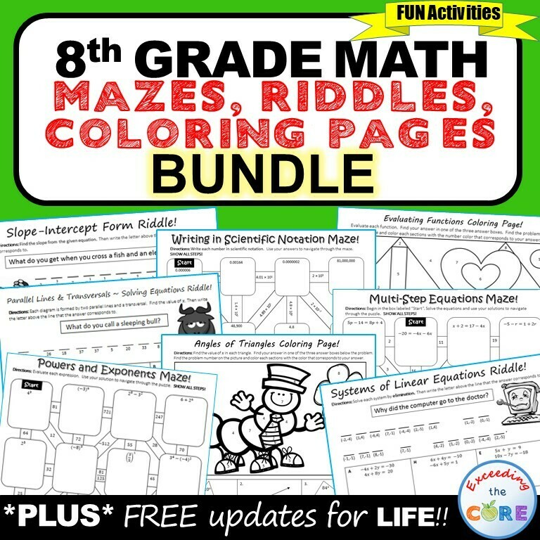 8th Grade Math Mazes, Riddles &amp; Color by Number BUNDLE