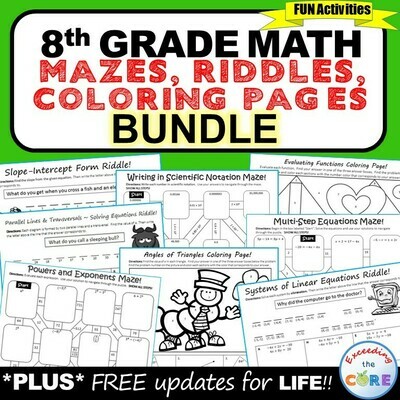 8th Grade Math Mazes, Riddles & Color by Number BUNDLE