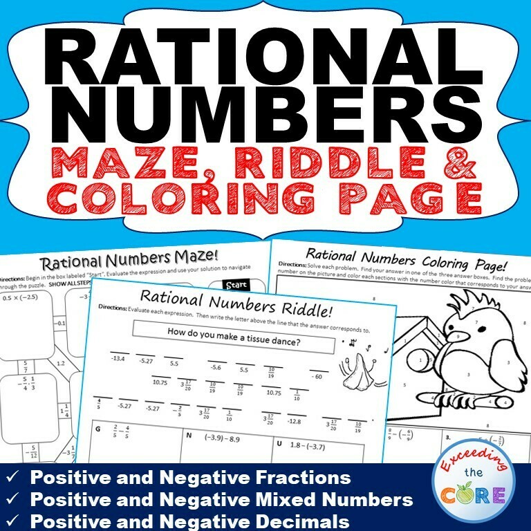 RATIONAL NUMBERS Maze, Riddle &amp; Color by Number Coloring Page Math Activity