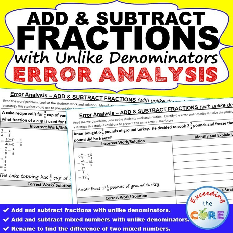 ADD & SUBTRACT FRACTIONS (UNLIKE DENOMINATORS) Error Analysis - Find the Error