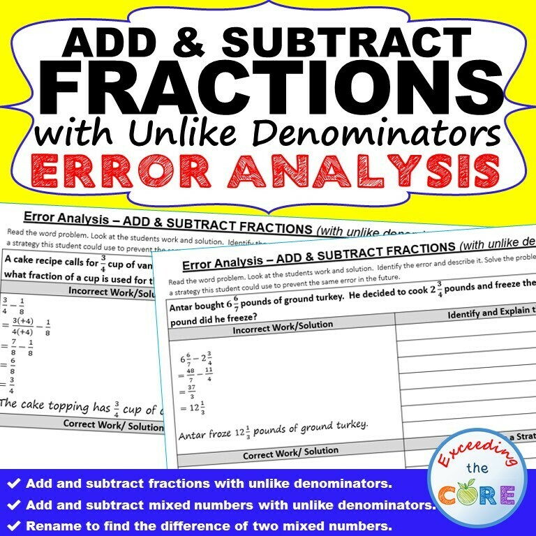 ADD &amp; SUBTRACT FRACTIONS (UNLIKE DENOMINATORS) Error Analysis - Find the Error