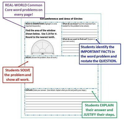 CIRCUMFERENCE and AREA of CIRCLES Word Problems with Graphic Organizer