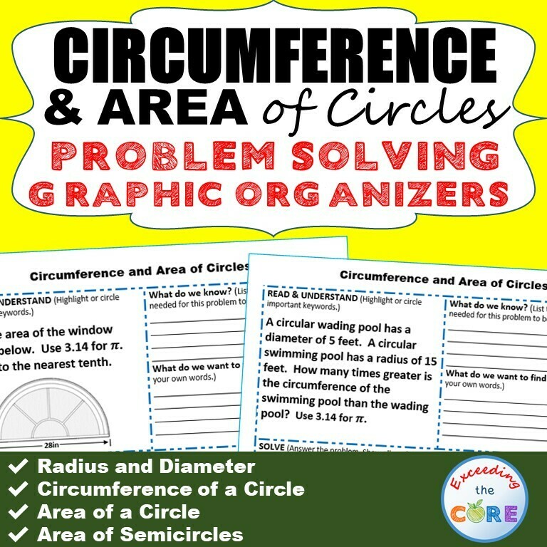 CIRCUMFERENCE and AREA of CIRCLES Word Problems with Graphic Organizer