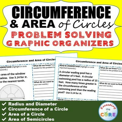 CIRCUMFERENCE and AREA of CIRCLES Word Problems with Graphic Organizer