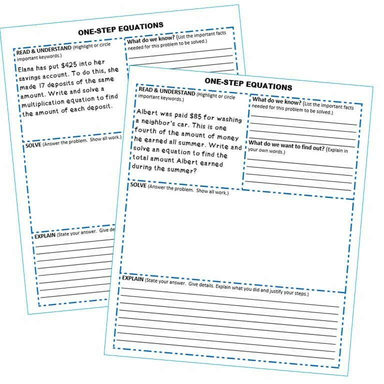ONE-STEP EQUATIONS Word Problems with Graphic Organizer
