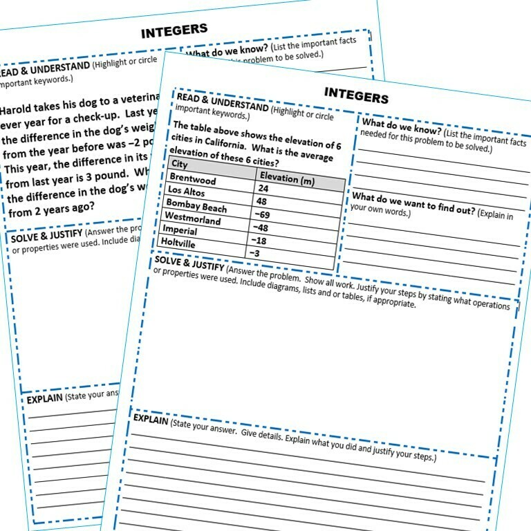 INTEGERS WORD PROBLEMS with Graphic Organizer