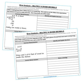 MULTIPLY AND DIVIDE DECIMALS Error Analysis - Find the Error