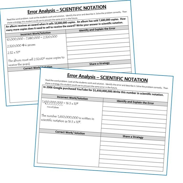 SCIENTIFIC NOTATION Word Problems - Error Analysis (Find the Error)