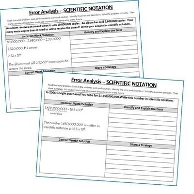 SCIENTIFIC NOTATION Word Problems - Error Analysis (Find the Error)