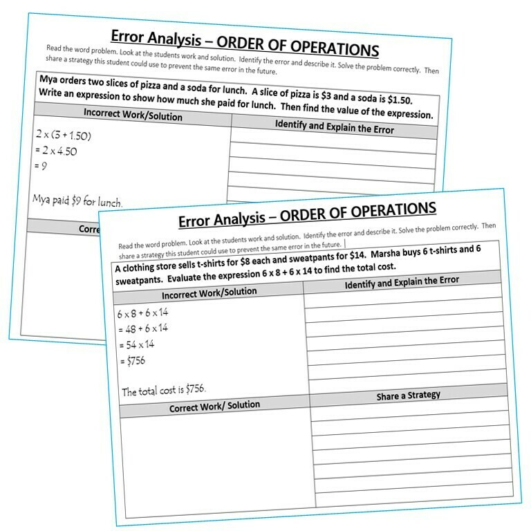 ORDER OF OPERATIONS Word Problems - Error Analysis (Find the Error)