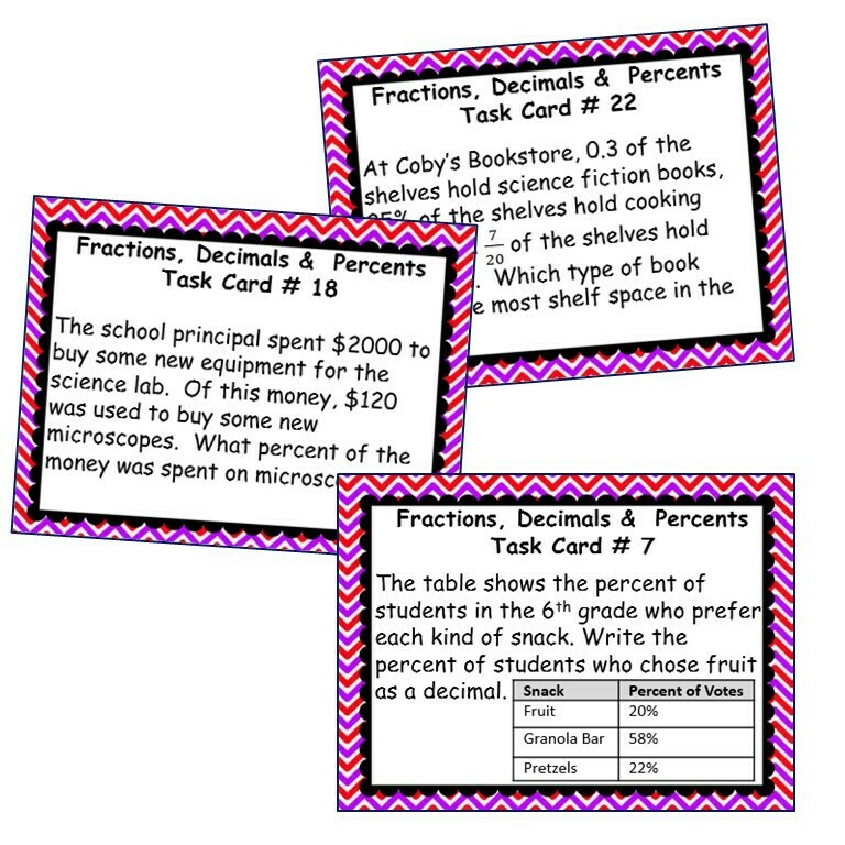FRACTIONS, DECIMALS, &amp; PERCENTS Word Problems - Task Cards {40 Cards}