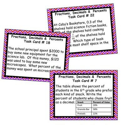 FRACTIONS, DECIMALS, &amp; PERCENTS Word Problems - Task Cards {40 Cards}