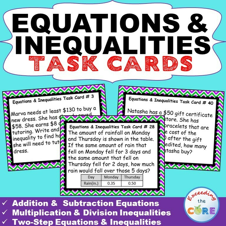EQUATIONS & INEQUALITIES Word Problems - Task Cards {40 Cards}