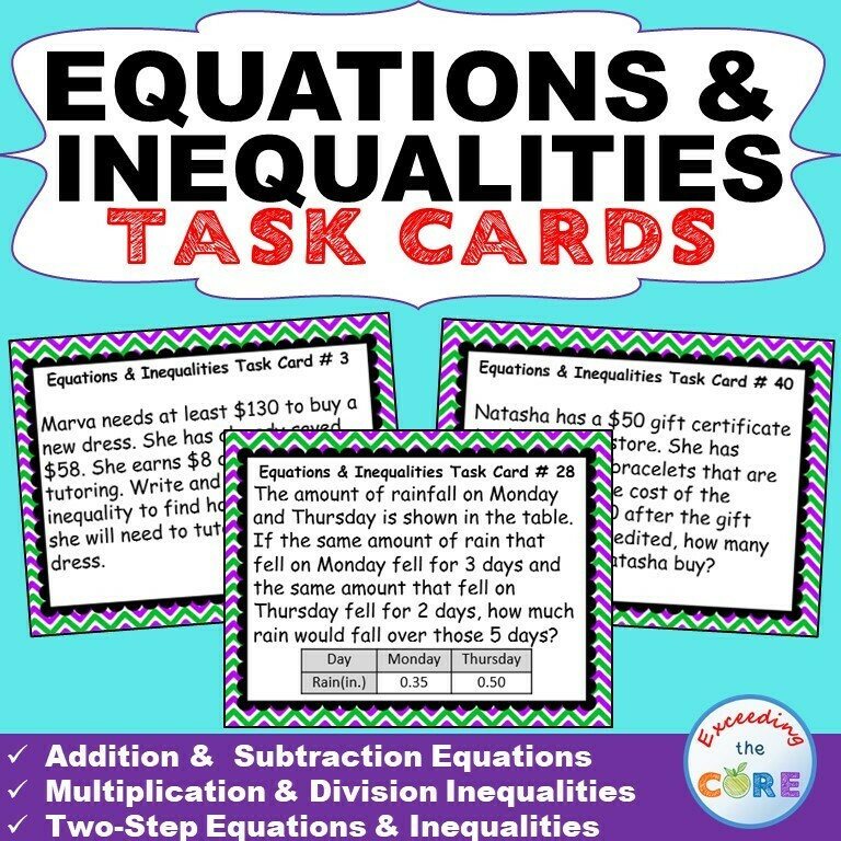 EQUATIONS &amp; INEQUALITIES Word Problems - Task Cards {40 Cards}