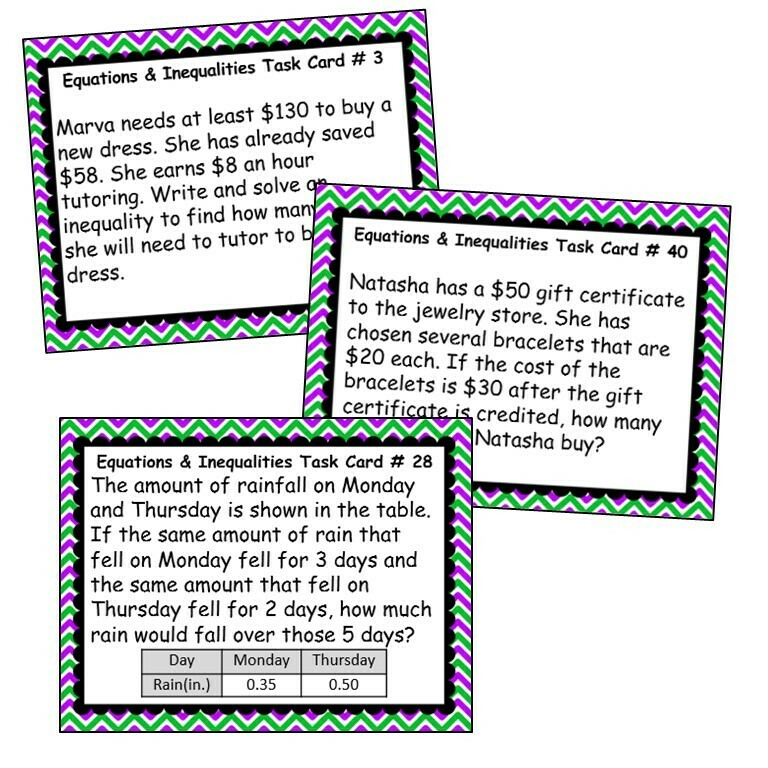 EQUATIONS &amp; INEQUALITIES Word Problems - Task Cards {40 Cards}