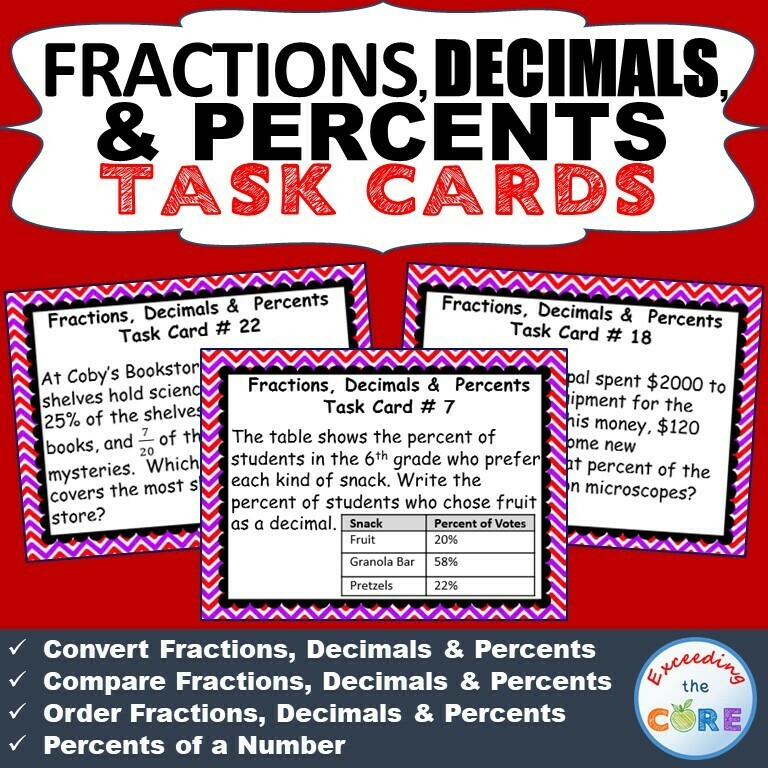 FRACTIONS, DECIMALS, &amp; PERCENTS Word Problems - Task Cards {40 Cards}