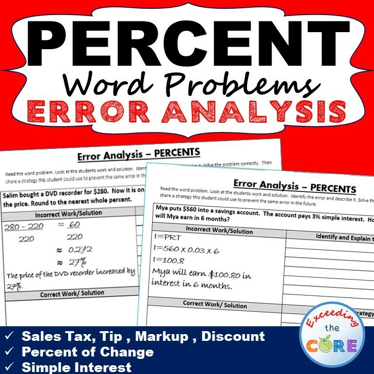 PERCENTS Word Problems - Error Analysis (Find the Error)