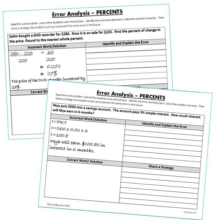 PERCENTS Word Problems - Error Analysis (Find the Error)